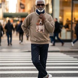 Jerzees Tan Crewneck Sweater with Dog Design